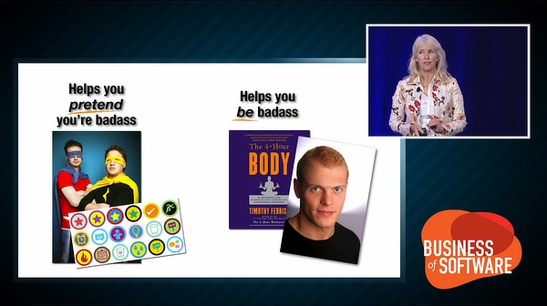 Kathy Sierra presents at Business Of Software 2012, showing superhero costumes as pretending to be badass, and Tim Ferriss books as tools to become an actual badass.
