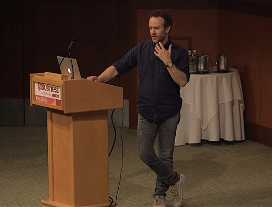 Jason Fried presenting at the podium at the Business Of Software 2016 conference